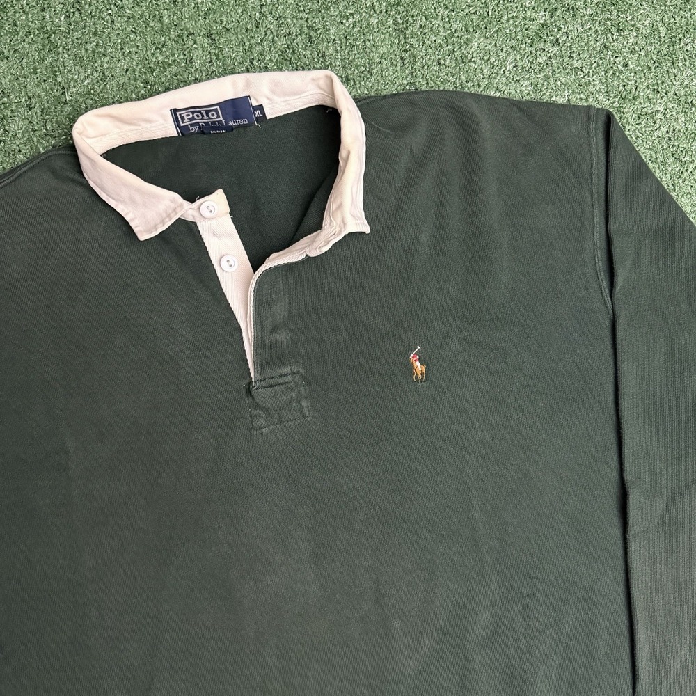 Vintage 90s Made in USA Polo Ralph Lauren Green Rugby Long Sleeve Size XL